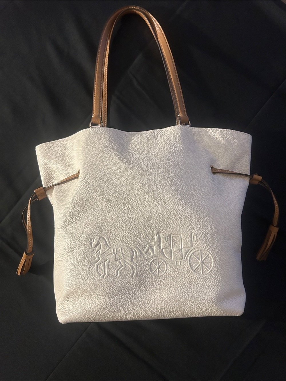 Coach White Pebbled Leather Tote with Tan Handles